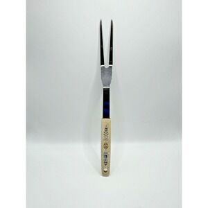 Vintage Japan Stainless Steel Plastic Handle Blue Gold Floral Design Meat Fork